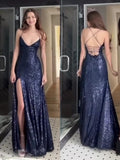 Sexy Navy Blue V-neck Lace-Up Mermaid Long Prom Dress with Slit Formal Dress HZ0311