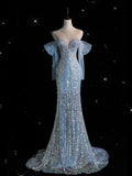 Modest Off The Shoulder Beaded Party Gowns Elegant Ice Blue Sparkle Long Prom Dress HZ0311