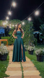 A-Line/Princess Silk like Satin Ruffles Slit V-neck Sleeveless Sweep/Brush Train Prom Dresses HZ0311