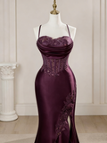 Elegant Mermaid Spaghetti Straps Blue Satin Beaded Pleated Long Prom Dresses Vestidos De Dia HZ0311