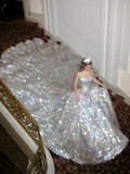 Timeless Ball Gown Strapless Silver Sequin Long Prom Dresses Inspiration Party Dress Prom Gowns HZ0311