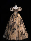 Modest Ball Gown Sweetheart With Puffy Short Sleeves Black Floral Long Prom Dress For Women Girls Evening Dresses HZ0311
