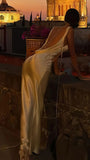 Cheap Mermaid V Neck Yellow Silky Satin Long Formal Fancy Prom Evening Dress Dinner Outfits Classy Party Gowns HZ0311