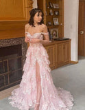 Pretty Off The Shoulder Pink Lace Slit Long Formal Prom Dresses Party Dresses HZ0311