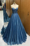 Timeless Navy Blue Sequin Beaded Sweetheart A-Line Long Prom Dress HZ0311