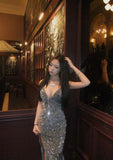 Sparkly Mermaid Spaghetti Strap Sequin Grey Prom Dresses Long Evening Formal Gown Wedding Party Gowns HZ0311