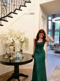 Chic Mermaid Spaghetti Straps Dark Green Sequin Wedding Guest Dresses Prom Formal Dresses HZ0311