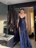 Modest Mermaid V Neckline Spaghetti Straps Ball Dresses Long Formal Gowns Black Sequin Slit Prom Dresses Evening Gowns HZ0311