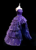 Princess High Low Strapless Purple Satin With Lace Prom Dresses Long Party Dress Grad Formal Evening Gowns HZ0311