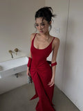 Unique Mermaid Spaghetti Strap Bright Red With Scarf Long Prom Dresses Inspiration Birthday Gowns Formal Evening Dress HZ0311