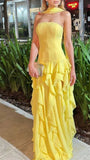 A-Line Strapless Multi-Layered Ruffled High Slit Prom Dresses Wedding Guest Dress HZ0311