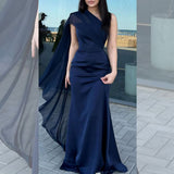 Elegant Evening Dresses Navy Blue Mermaid Prom Dress for Women Strapless Simple Long Formal Gowns HZ0311