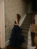 Chic Ball Gown Spaghetti Straps Navy Blue Tulle Long Prom Dresses Inspiration Party Dress Prom Gowns HZ0311