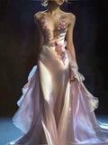 Mermaid Floor Length Pink Prom Dress Long Floral Pleated Prom Dresses For Women HZ0311