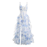 Sexy Mermaid Prom Dresses Spaghetti Straps Long Backless Blue Floral Party Gowns HZ0311