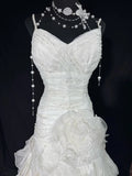 Charming Women's Mermaid Spaghetti Straps Sleeveless White Tulle Pleated With Beads Long Vintage 1920s Wedding Dresses HZ0311