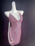 Vintage Sheath Spaghetti Strap Pink Sequin Hoco Gowns Short 16th Birthday Dress Homecoming Dresses Cocktail Gown HZ0311