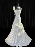 Vintage Wedding Gowns 1960s Dresses Simple Mermaid One Shoulder for Bride With Flowers Train White Petite/Plus Size Bridal Gown HZ0311