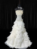 Vintage Long Wedding Gowns 70s Unique Dresses Mermaid Strapless Bohemian Style for Bride Tulle With Lace White Petite/Plus Size Bridal Gown HZ0311