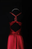 Vintage Sheath V Neck Backless Satin Red Party Dress With Beads 1950s Retro Classy Birthday Dinner Long Prom Dresses HZ0311