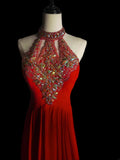Modest A line Halter Red Chiffon With Beading Long Evening Dresses Inspo Senior Night Dance Prom Dress HZ0311