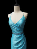 Vintage Mermaid Spaghetti Strap Blue With Beading Satin Sleeveless Long Prom Dresses High School Senior Graduation Dance Evening Outfits HZ0311
