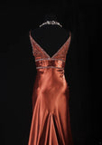 Vintage Mermaid Spaghetti Strap Burnt Orange Satin Party Dress With Beads 1950s Retro Classy Birthday Dinner Long Prom Dresses HZ0311
