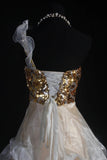 Chic Ball Gown One Shoulder Organza With Gold Sequins Short 16th Birthday Dress Homecoming Dresses Cocktail Gown HZ0311