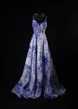 Vintage A line Spaghetti Straps Floral Royal Blue Satin Long Formal Old 1950s Prom Dresses Night Outfits Party Gowns HZ0311