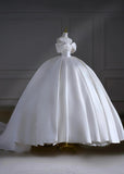 Princess Long Wedding Gowns Ball Gown Off The Shoulder Pleated Satin for Bride With Sleeves Train White Bridal Dress HZ0311
