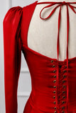 Classy Mermaid Square Neck Red Prom Dresses Long Sleeve Party Dress Evening Outfits Graduation Dress HZ0311