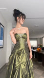 Vintage Ball Gown Strapless Blue Satin Taffeta 90s Prom Dresses Inspiration Party Dress Princess Graduation Dress HZ0311