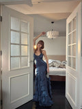 Ethereal Mermaid Spagehtti Strap Long Prom Dress Corset Back With Slit Split Navy Blue Long Ball Gowns Formal 18th Birthday Dresses HZ0311
