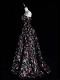 Whimsical Ball Gown Strapless Black Floral Sequin Pleated Bodice Long Prom Dresses Night Formal Dress HZ0311
