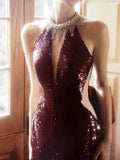Modest Mermaid High Neck Sequins Burgundy Prom Dresses Inspiration Long Party Evening Dress 21st Birthday Outfits HZ0311
