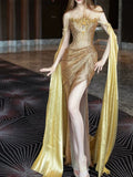 Modest Mermaid Strapless Gold Long Sleeves Slit Sequins Prom Dresses Inspiration Long Party Evening Dress 21st Birthday Outfits HZ0311