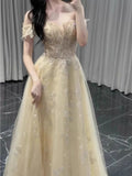 Unique A line Off The Shoulder Gold With Short Sleeves Prom Dresses Inspiration Party Night Gowns 20th Birthday Outfits HZ0311