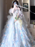 Unique Ball Gown Off The Shoulder Blue With Short Sleeves Prom Dresses Inspiration Party Night Gowns 16th Birthday Outfits HZ0311