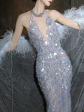 Modest Mermaid Halter Sleeveless Sequins Prom Dresses Inspiration Long Party Evening Dress 21st Birthday Outfits HZ0311