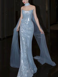 Modest Mermaid Strapless Sequins Blue With Scarf Prom Dresses Inspiration Long Party Evening Dress 21st Birthday Outfits HZ0311