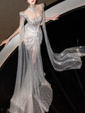 Luxurious Wedding Dresses Mermaid Scoop Neck Long Sleeves Silver Gray With Cape Sequins Brides Dress For Brides Fitted Bridal Gowns HZ0311