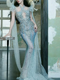 Sparkly Mermaid Halter Blue Sequins With Beaded Prom Dresses Inspiration Long Party Night Gowns 20th Birthday Outfits HZ0311
