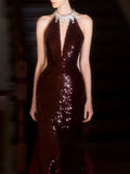 Modest Mermaid High Neck Sequins Burgundy Prom Dresses Inspiration Long Party Evening Dress 21st Birthday Outfits HZ0311