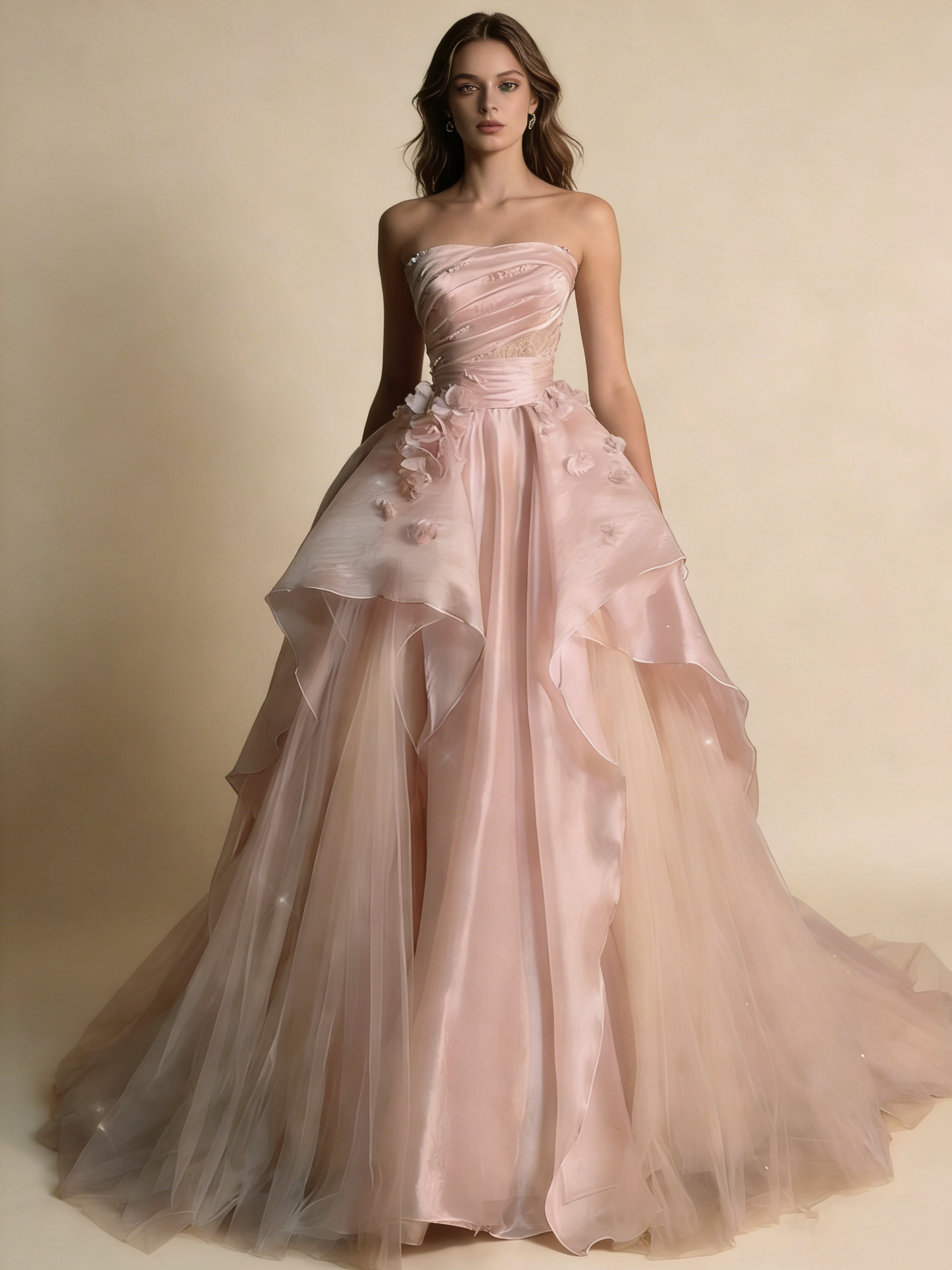 Pearl Pink Strapless A-Line Tulle Long Party Gown with Pearls HZ0427