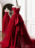 Princess Ball Gown Strapless Red Long Prom Dresses Impress 16 Birthday Outfits Prom Gown HZ0311