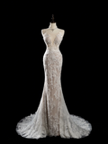 Vintage Mermaid Spaghetti Strap Sleeveless Sequin Lace Fitted Beaded Long Wedding Dress Bride Gown Wedding Dresses HZ0311