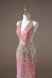 Retro Mermaid Halter Pink Sequin Long Prom Dresses Impress 19th Birthday Outfits Prom Gown HZ0311
