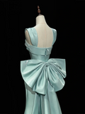 Modest Mermaid Square Neck Satin Blue Long Prom Dresses Impress 19th Birthday Outfits Prom Gown HZ0311