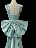 Modest Mermaid Square Neck Satin Blue Long Prom Dresses Impress 19th Birthday Outfits Prom Gown HZ0311