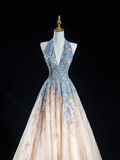 Timeless Ball Gown Halter Neck Champagne Blue Sequin Long Prom Dresses For Teens Formal Dress Birthday Outfits Prom Gown HZ0311